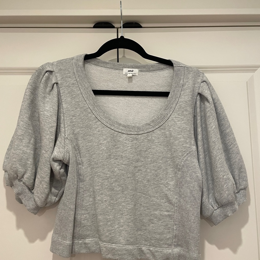 AERIE Light Gray Puff Sleeve Shirt